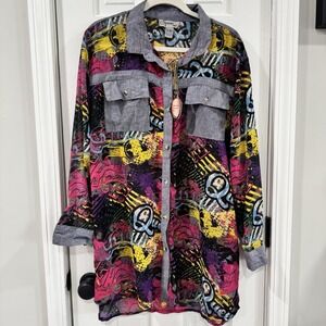 Spoon Jeans Women 1X Graffiti Print Tunic Shirt Y2K Streetwear NWT